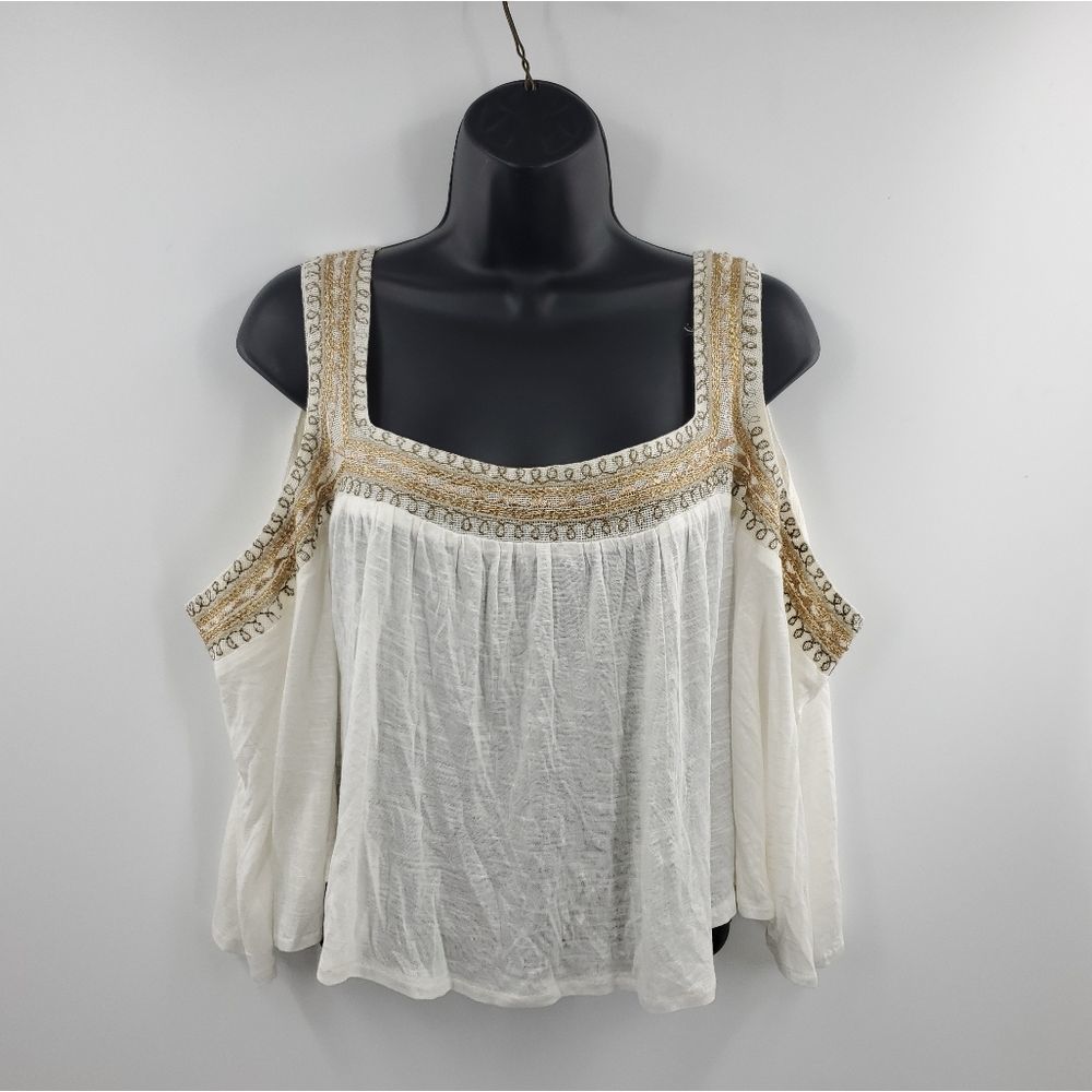 🩵RAGA ANTHROPOLOGIE  women's M eggshell creme cold shoulder crop top